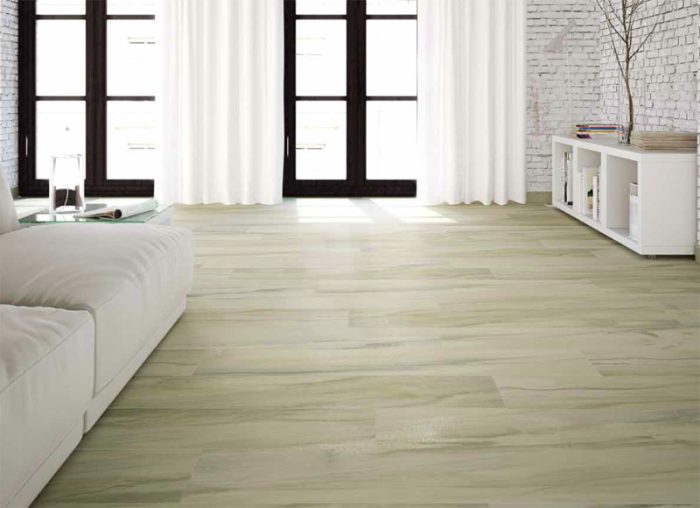Valkiria Marfil Rectificado is a 8" x 45" rectified porcelain tile from Spain.